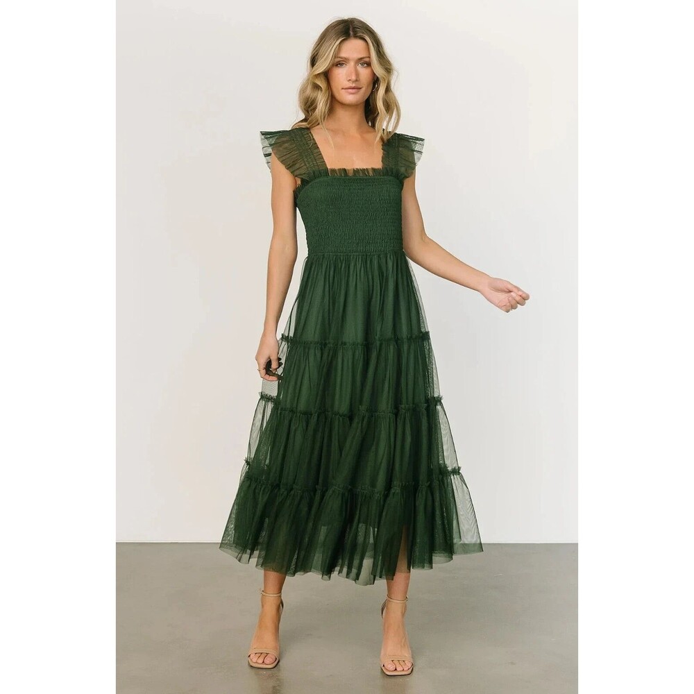 Baltic Born Green Emma Smocked Tulle Tiered Midi Dress Ruffle Boho Size M